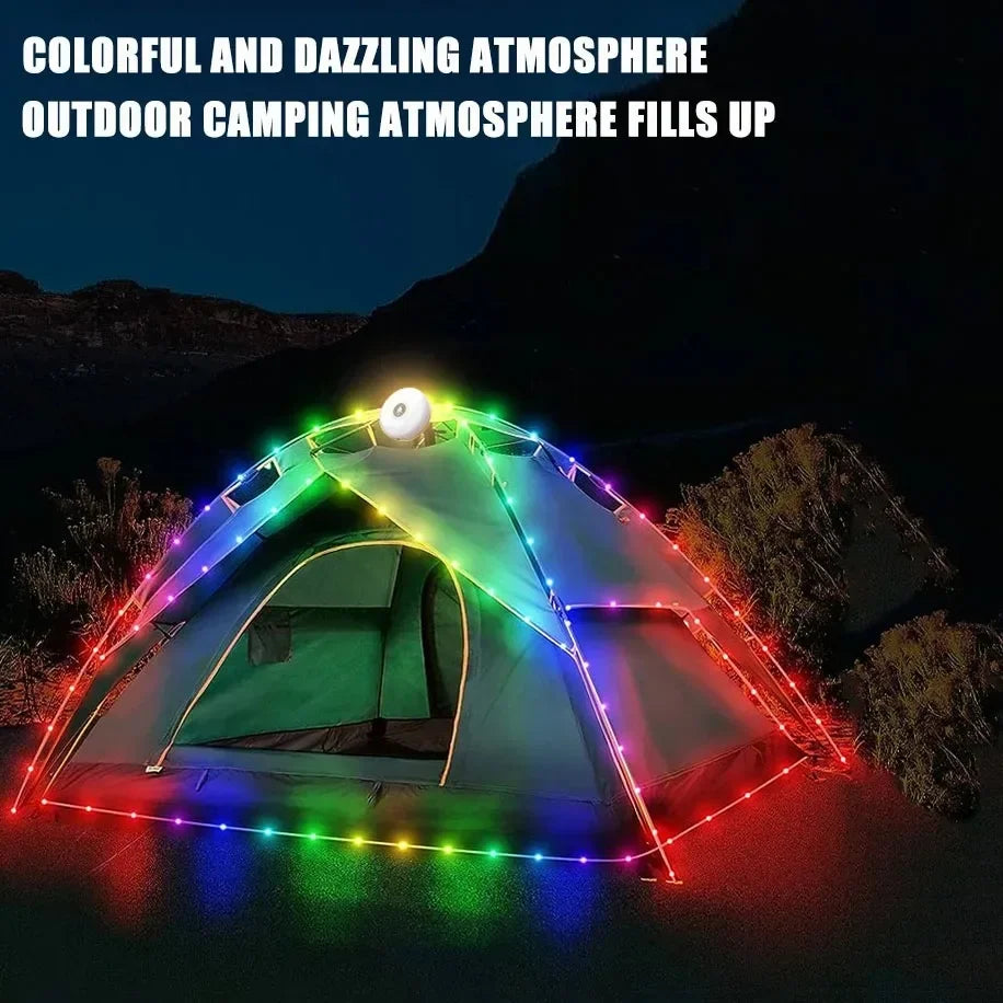 4-in-1 Solar Camping String Lights - 10M RGB LED Outdoor Tent Light with Flashlight & Hook for Camping, Patio & Garden