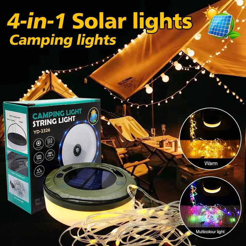 4-in-1 Solar Camping String Lights - 10M RGB LED Outdoor Tent Light with Flashlight & Hook for Camping, Patio & Garden