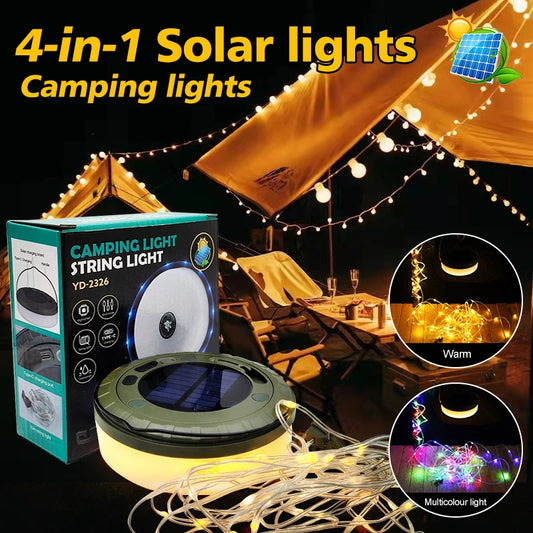 4-in-1 Solar Camping String Lights - 10M RGB LED Outdoor Tent Light with Flashlight & Hook for Camping, Patio & Garden