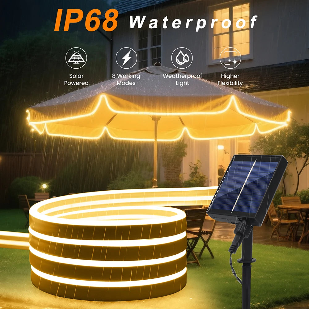 Solar Neon Rope Light Outdoor - Warm White Flexible LED Strip Light for Patio, Fence, Garden & Deck Decor