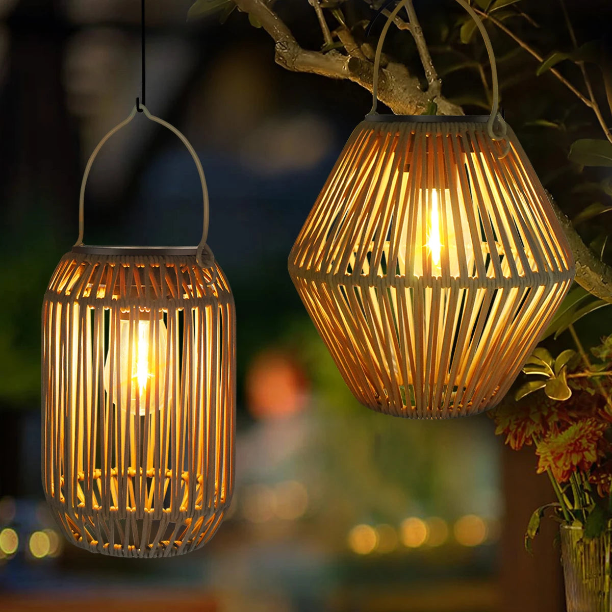 Solar Rattan Hanging Lantern Outdoor - Boho Woven Lantern for Patio, Garden, Porch & Yard Decor