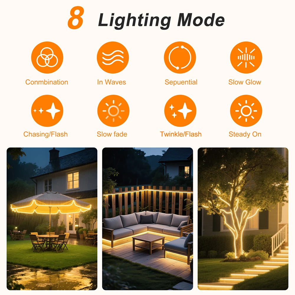 Solar Neon Rope Light Outdoor - Warm White Flexible LED Strip Light for Patio, Fence, Garden & Deck Decor
