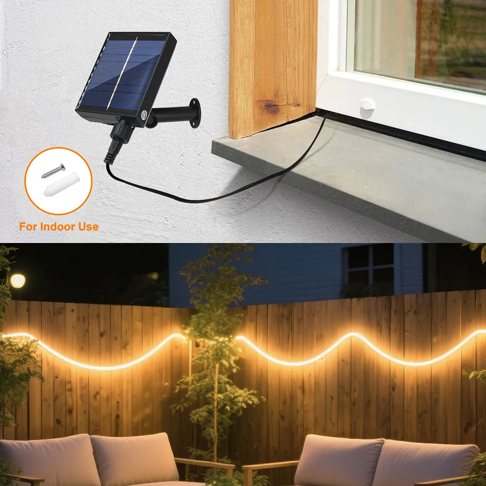 Solar Neon Rope Light Outdoor - Warm White Flexible LED Strip Light for Patio, Fence, Garden & Deck Decor