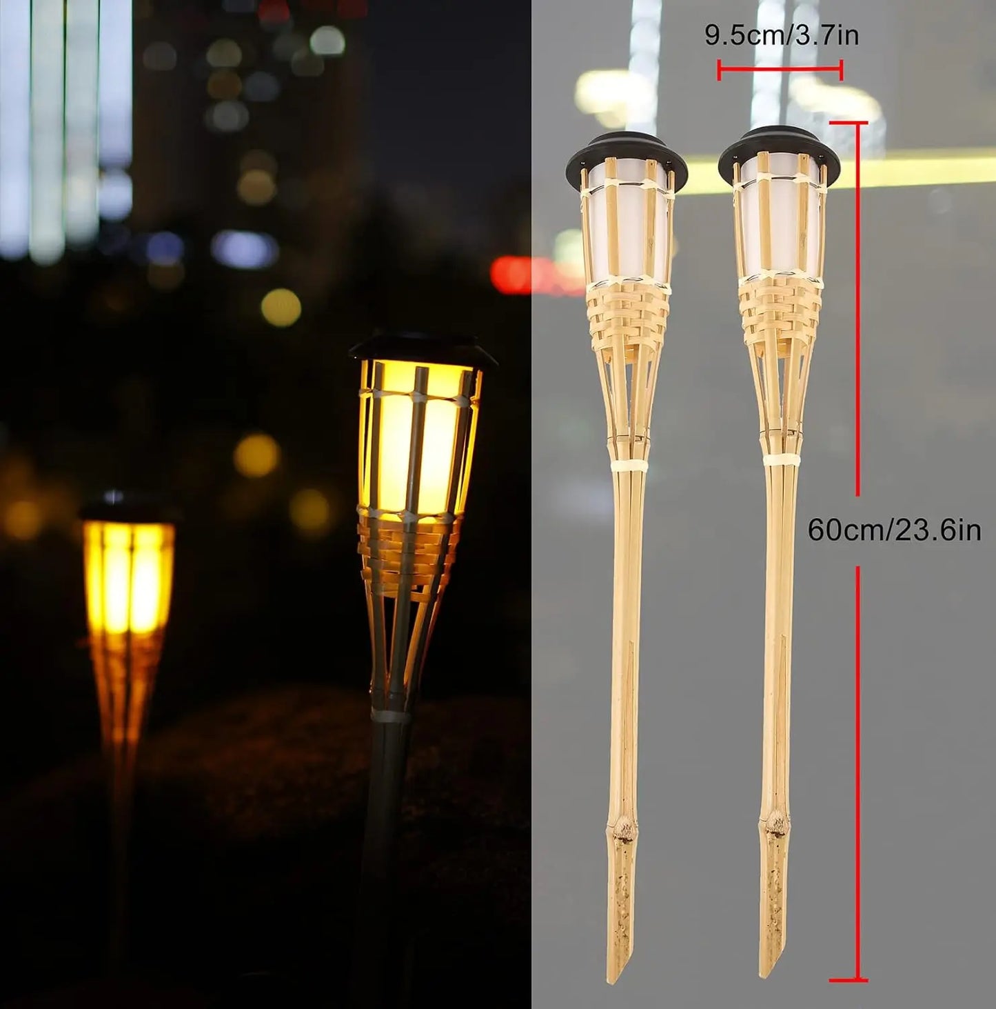 Solar Bamboo Tiki Torches - LED Flame Effect Garden Stake Lights for Backyard, Patio & Lawn