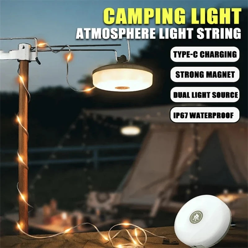 4-in-1 Solar Camping String Lights - 10M RGB LED Outdoor Tent Light with Flashlight & Hook for Camping, Patio & Garden