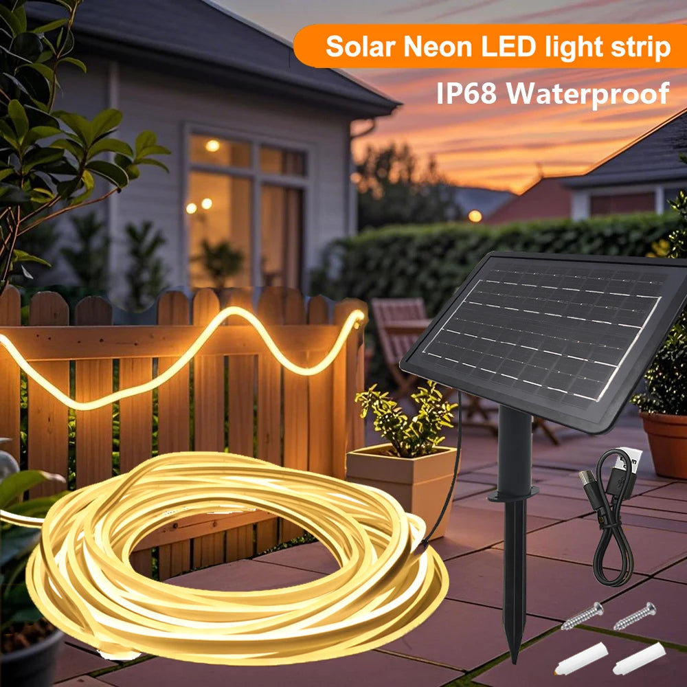 Solar Neon Rope Light Outdoor - Warm White Flexible LED Strip Light for Patio, Fence, Garden & Deck Decor