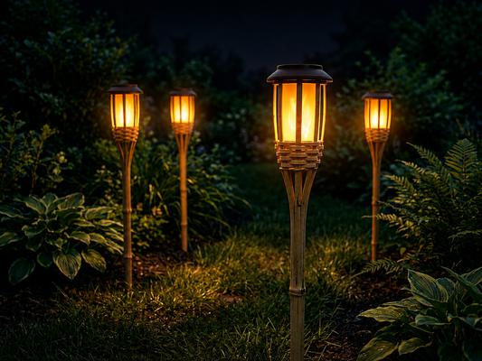 Solar Bamboo Tiki Torches - LED Flame Effect Garden Stake Lights for Backyard, Patio & Lawn